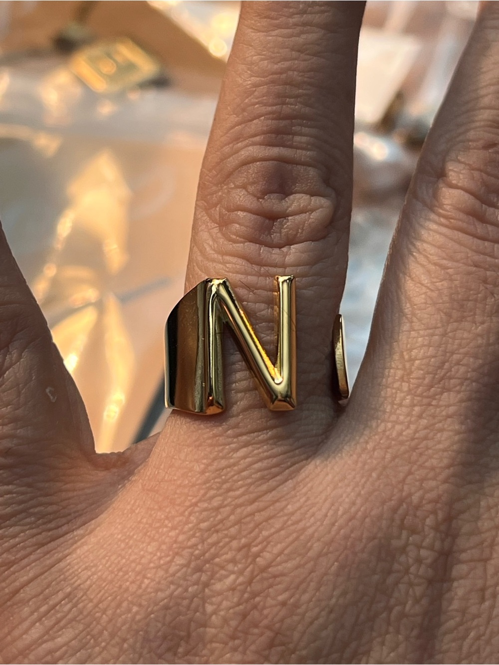 Plunder Gold Letter 'N' Ring with Black Accent